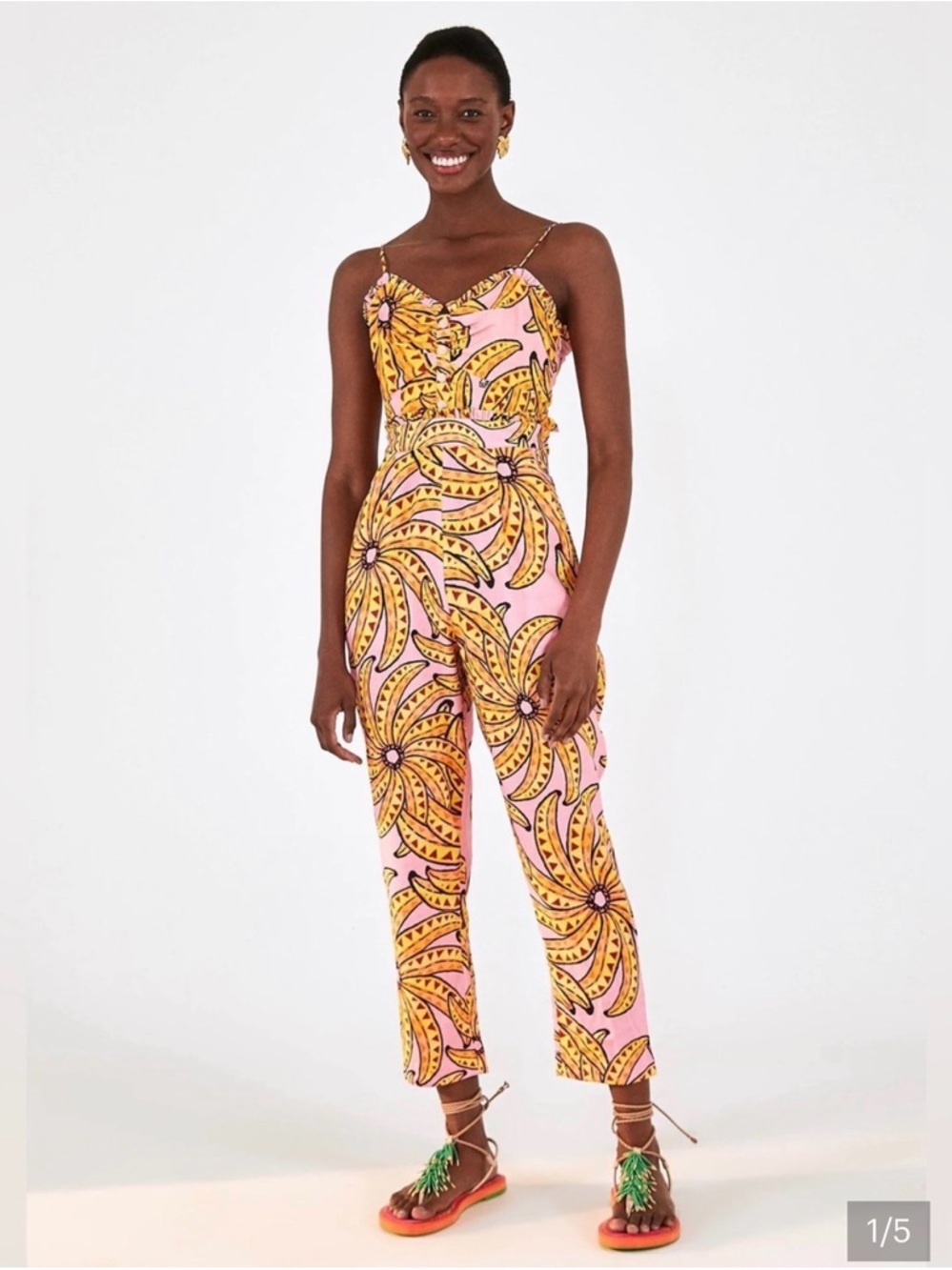RARE Farm RIO pink and yellow banana Spaghetti-Strap Jumpsuit